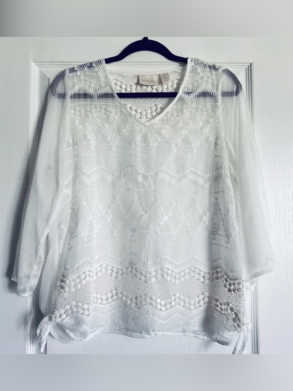 Chico's White Crochet Lace V-Neck Peasant Blouse